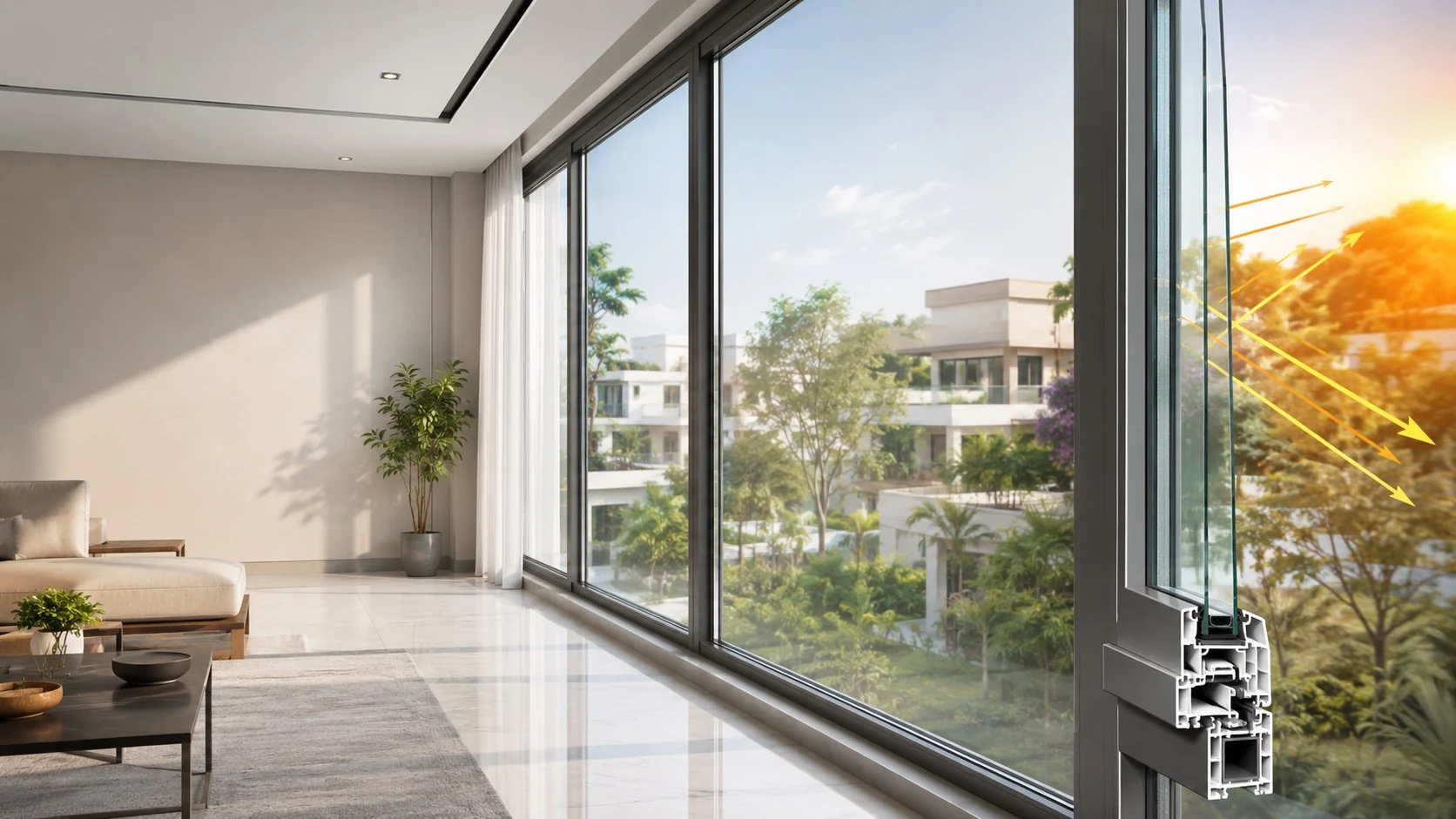Double-glazed uPVC windows reducing solar heat transfer in a modern Indian home