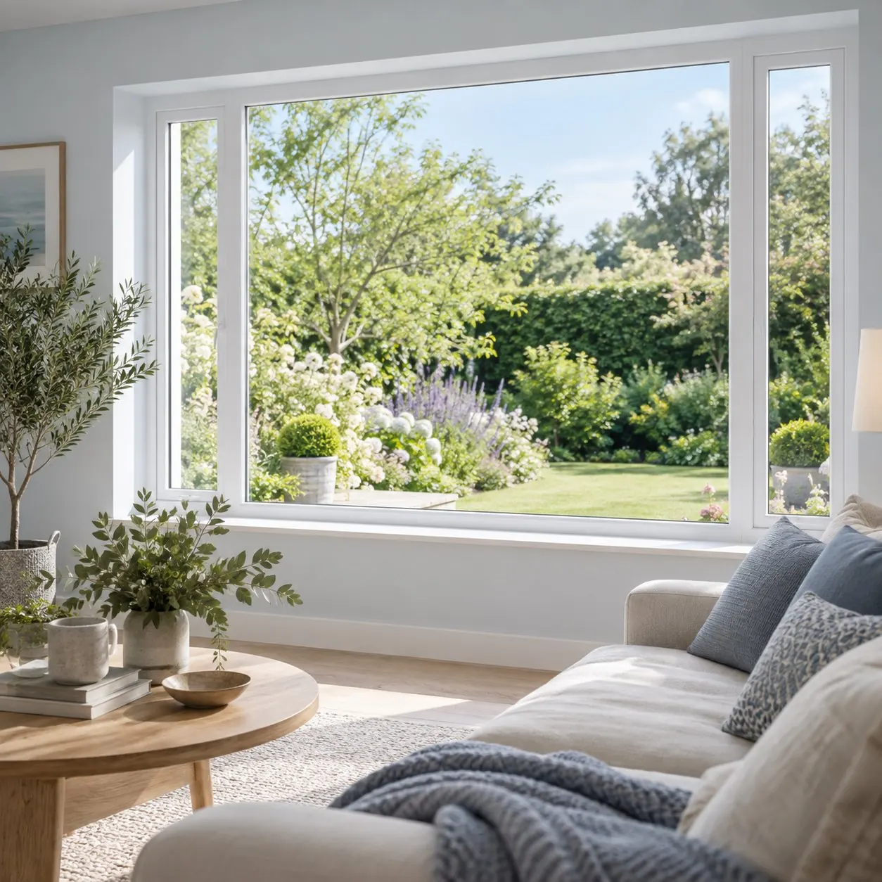 Bright living room concept with a white uPVC picture window